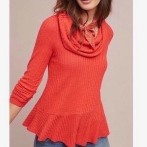 🧡 Anthro Maeve Addie Ruffle Sweater Orange Cowl Neck Ribbed XS Boho Cozy